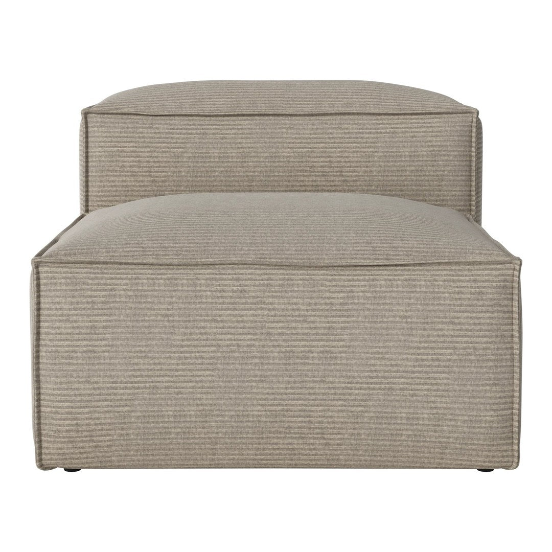 Light beige upholstered ottoman with subtle vertical stripes, offering a modern and stylish accent for any space.