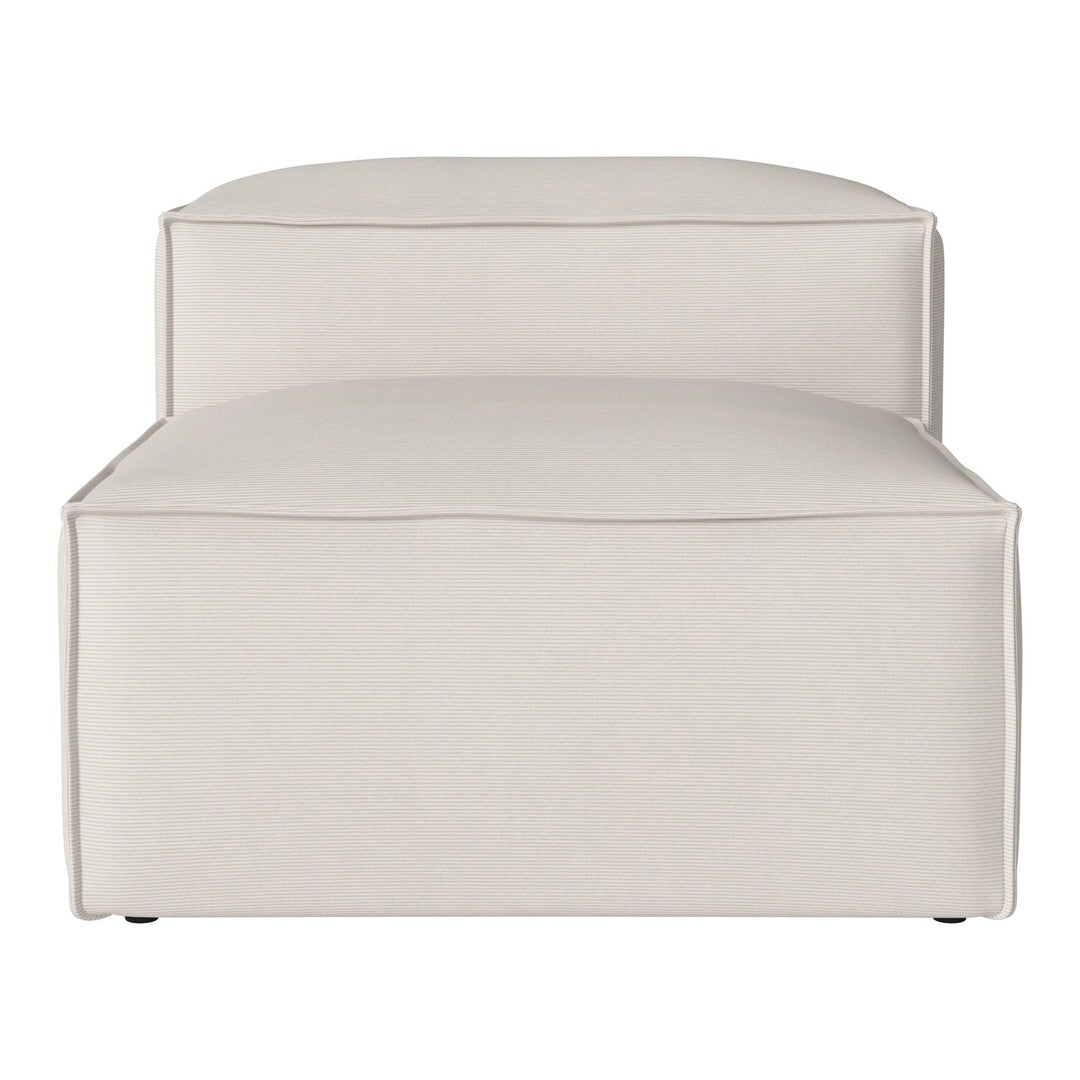 Neutral cream ottoman with a sleek, minimalist design and smooth fabric texture, perfect for modern decor.