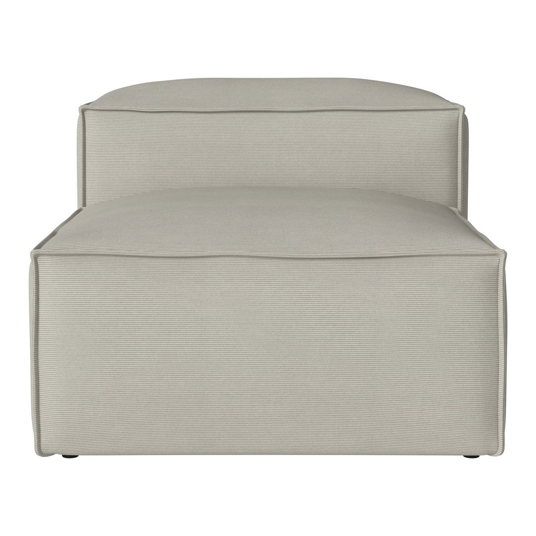 Light gray upholstered ottoman with subtle texture and minimalist design, perfect for any modern decor.