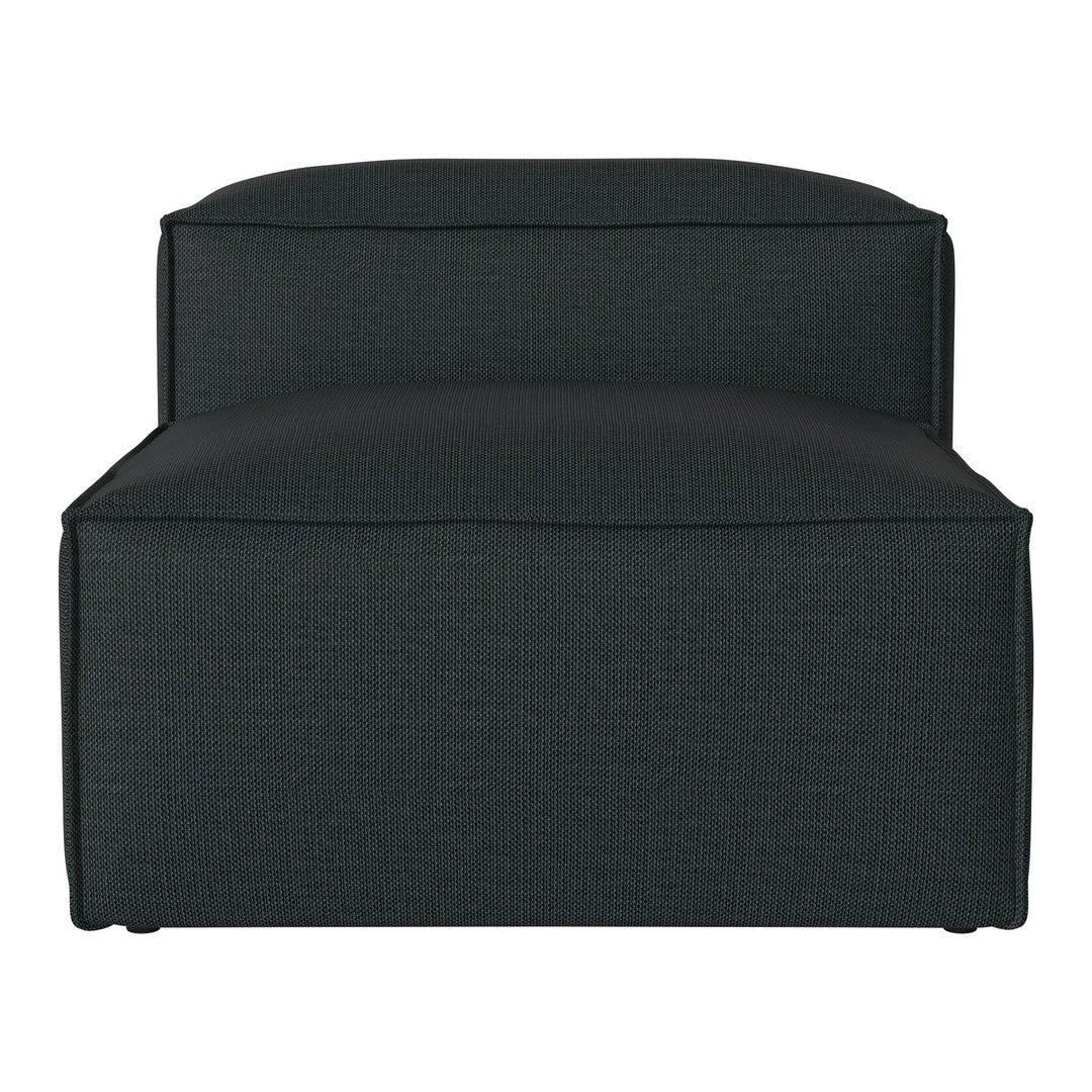 Black upholstered chair with a textured fabric and minimalist design, ideal for modern decor.