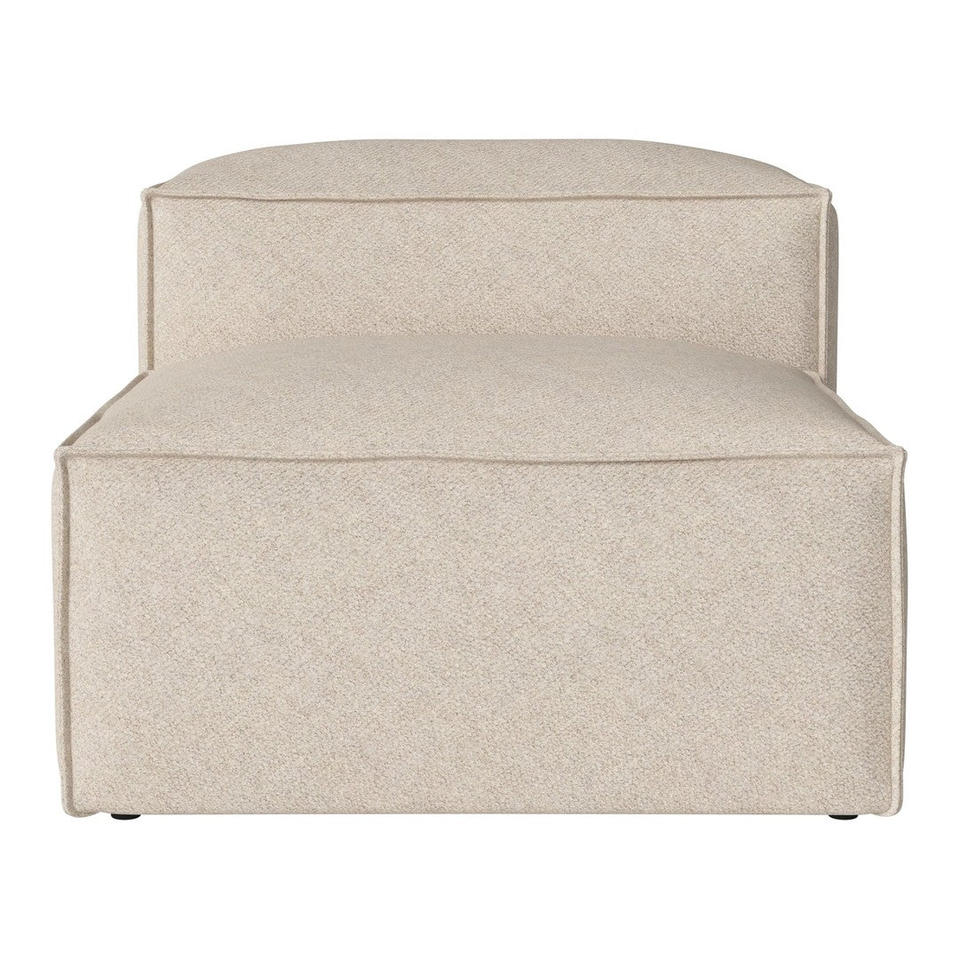 Beige upholstered ottoman with a minimalist design and smooth, clean lines. No visible patterns.