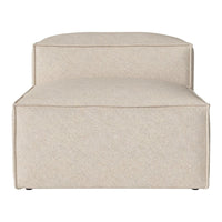 Beige upholstered ottoman with a minimalist design and smooth, clean lines. No visible patterns.