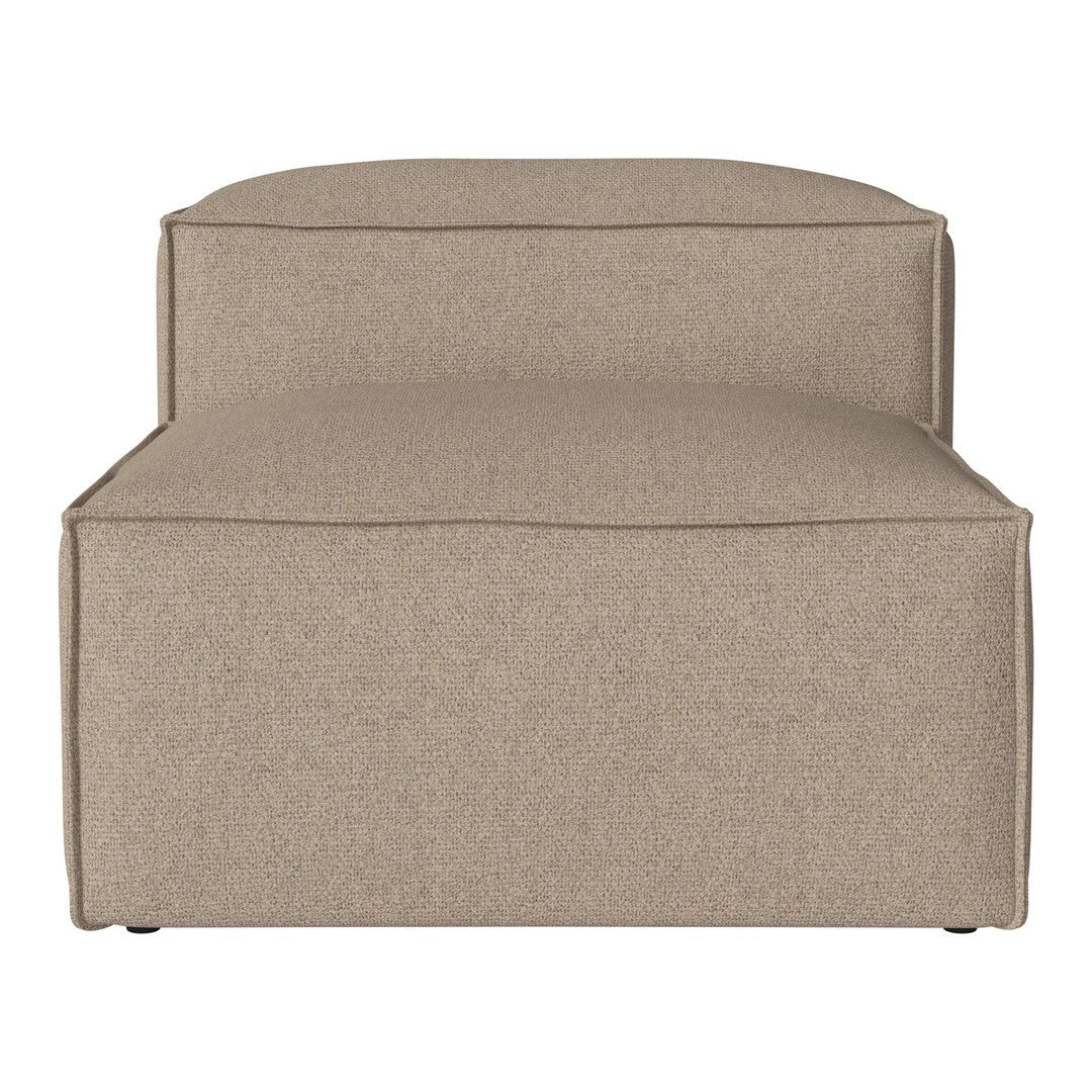Beige upholstered ottoman with a smooth, textured fabric and minimalist design. Perfect for modern decor.