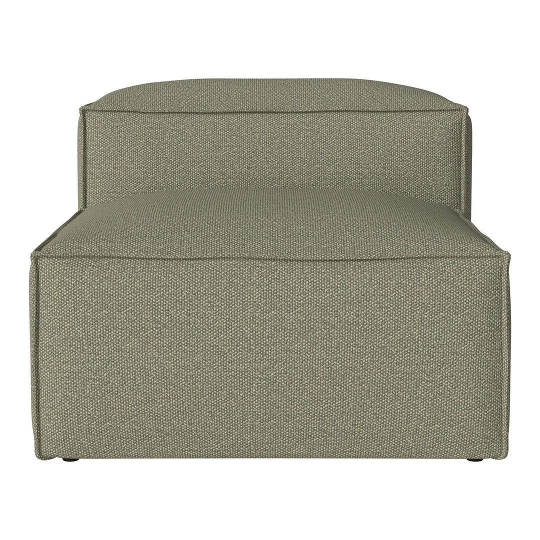 Cozy ottoman in a soft olive green hue with a textured fabric pattern, perfect for modern home decor.