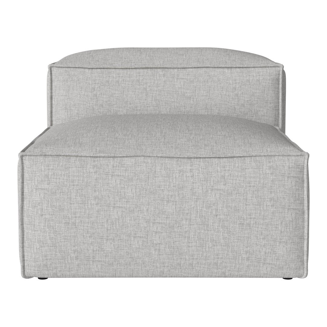 Light gray upholstered ottoman with a smooth, minimalist design. Ideal for modern and contemporary decor.
