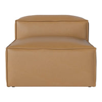 Tan leather ottoman with a smooth, minimalist design and subtle stitching details. Ideal for modern decor.