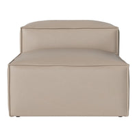 Beige upholstered ottoman with a smooth, minimalist design and subtle stitching details. Perfect for modern decor.