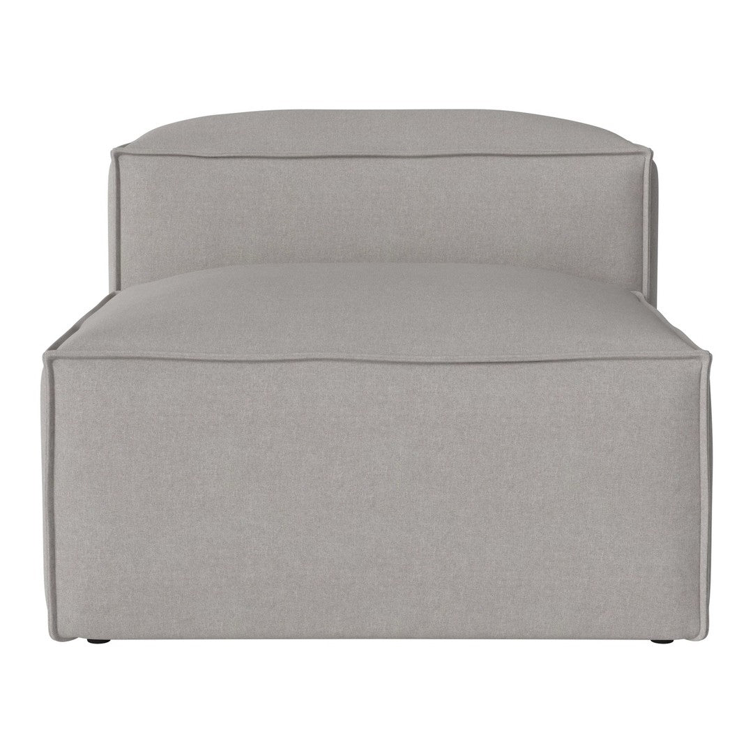 "Light gray upholstered ottoman with a sleek, minimalist design and clean lines."