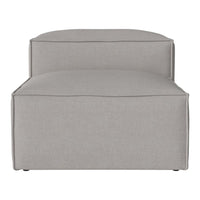 "Light gray upholstered ottoman with a sleek, minimalist design and clean lines."