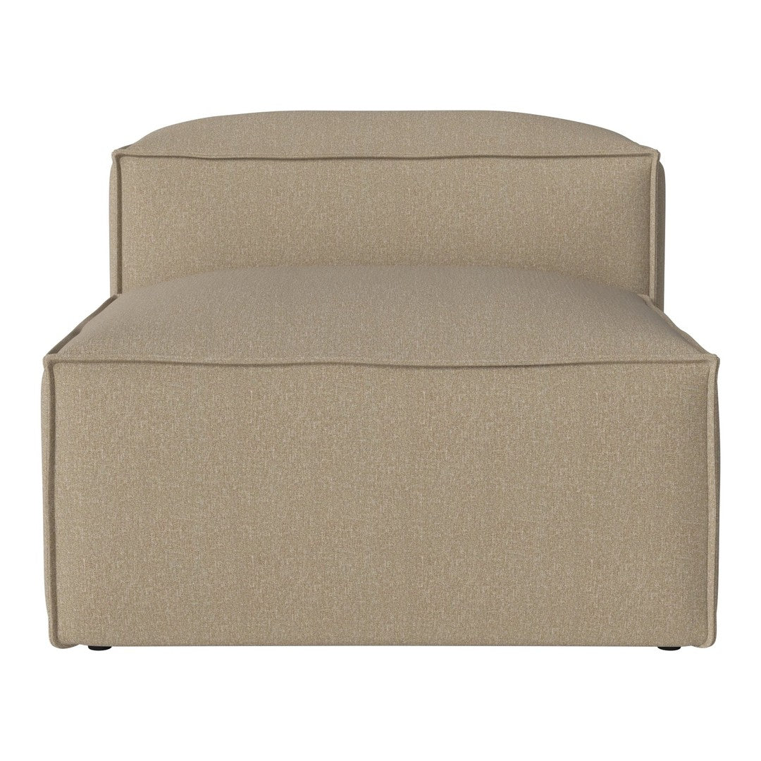 Beige upholstered chaise lounge with smooth, solid pattern and clean, modern lines. Ideal for contemporary decor.
