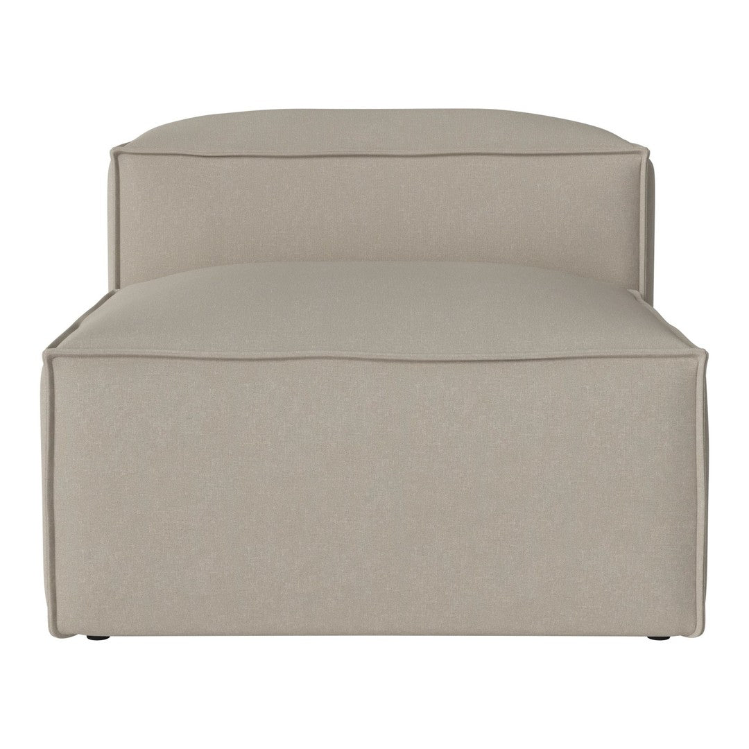 Soft beige upholstered ottoman with a minimalist design and clean lines, perfect for modern interiors.