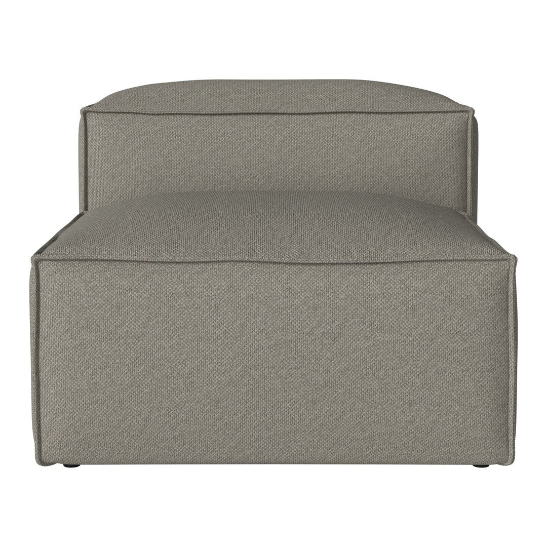 Gray upholstered ottoman with a subtle textured pattern, featuring clean lines and a modern design.