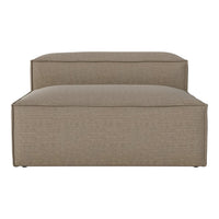 Beige upholstered ottoman with a subtle ribbed texture, ideal for modern decor. Versatile and stylish accent piece.