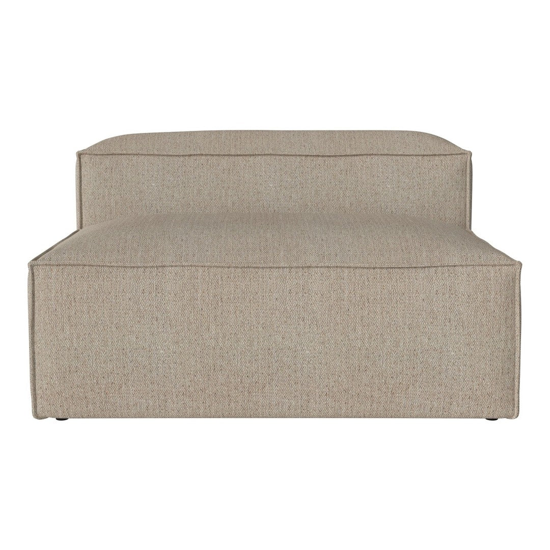 Beige fabric chaise lounge with a simple, textured pattern for modern decor. Elegant and versatile seating solution.
