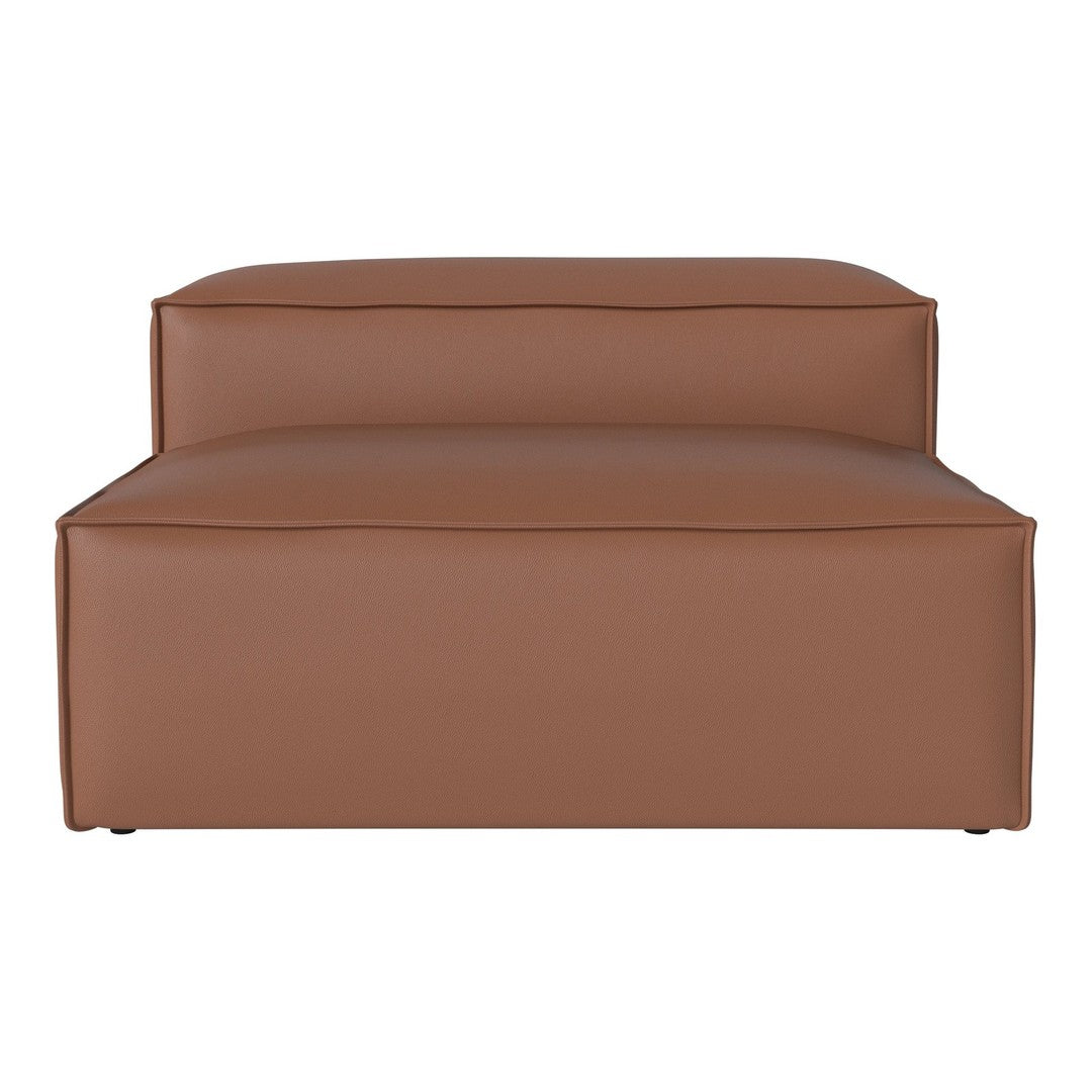 "Brown leather modular sofa with smooth, minimalist design and sleek lines."