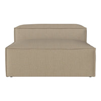 Beige upholstered ottoman with smooth fabric and minimalist design. Versatile color for any decor style.