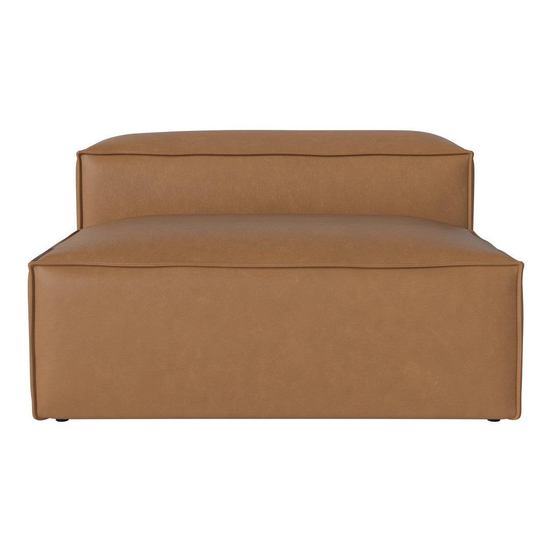 "Sleek, modern sofa in rich caramel color with smooth, minimalist design and no patterns."