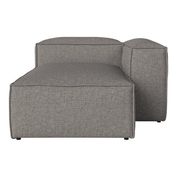 Gray textured fabric chaise lounge with a minimalist design, featuring clean lines and a modern aesthetic.