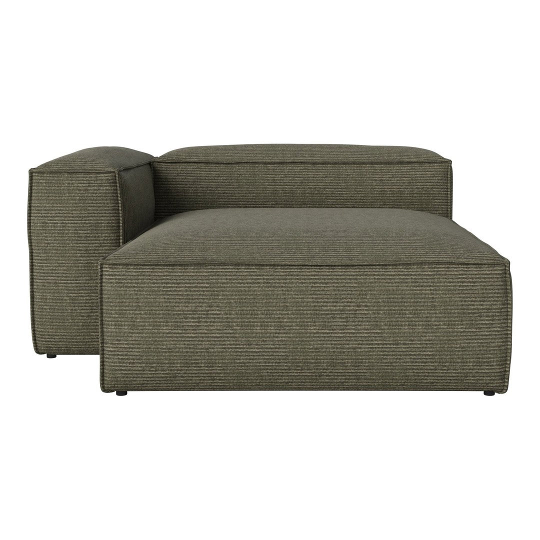 Olive green textured fabric chaise lounge with minimalist design and clean lines, perfect for modern decor.