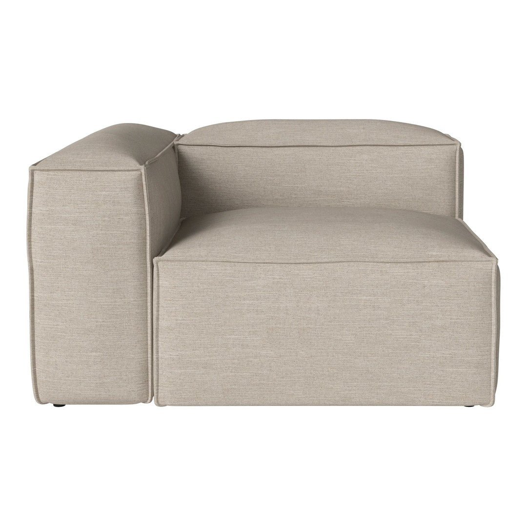 Beige fabric sectional sofa with a minimalist design and clean lines, perfect for modern living spaces.