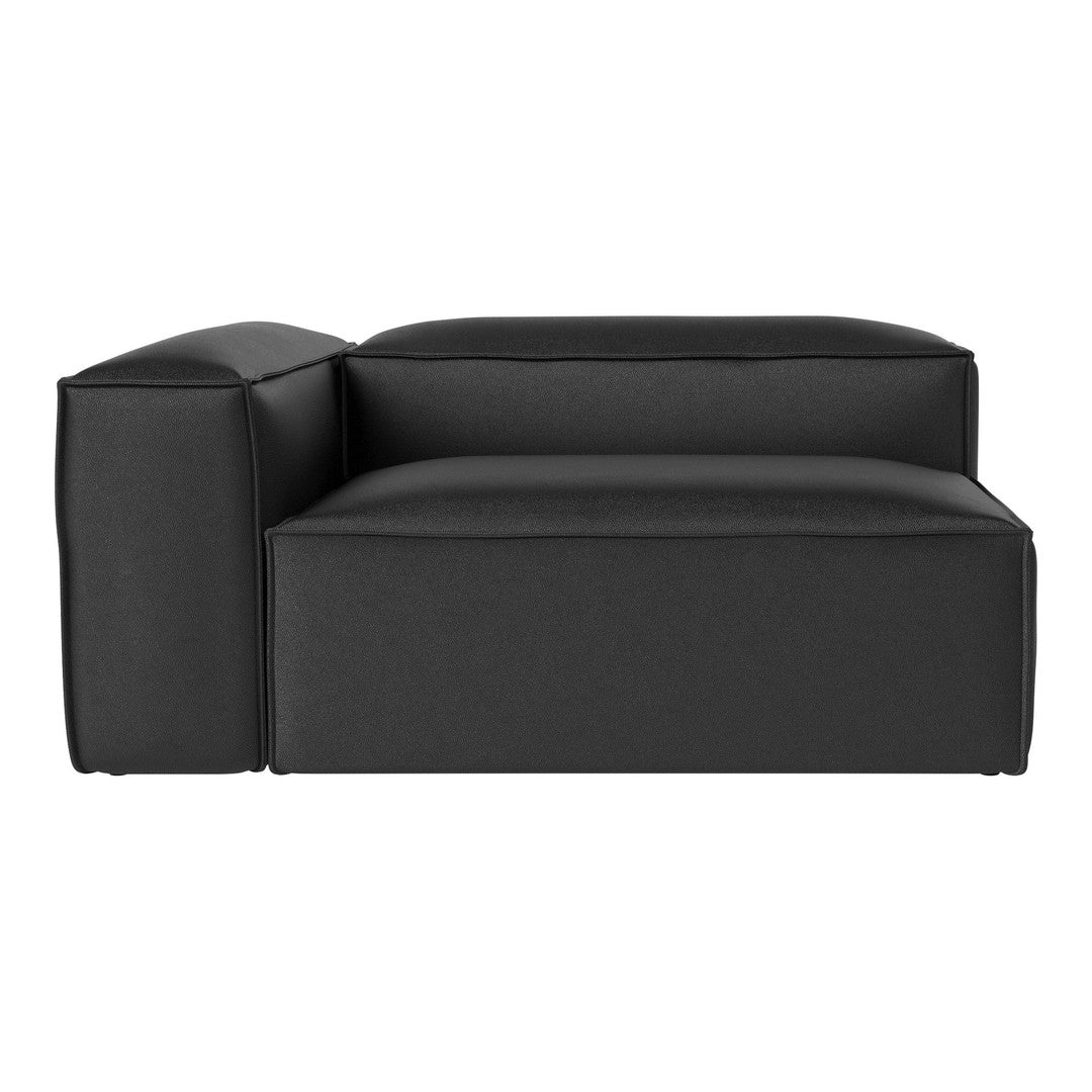 Black modular sofa with clean lines and a minimalist design, featuring a smooth texture and sleek geometric shape.