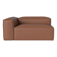 Brown leather sofa with a minimalist design and smooth, sleek surfaces. Ideal for modern décor.
