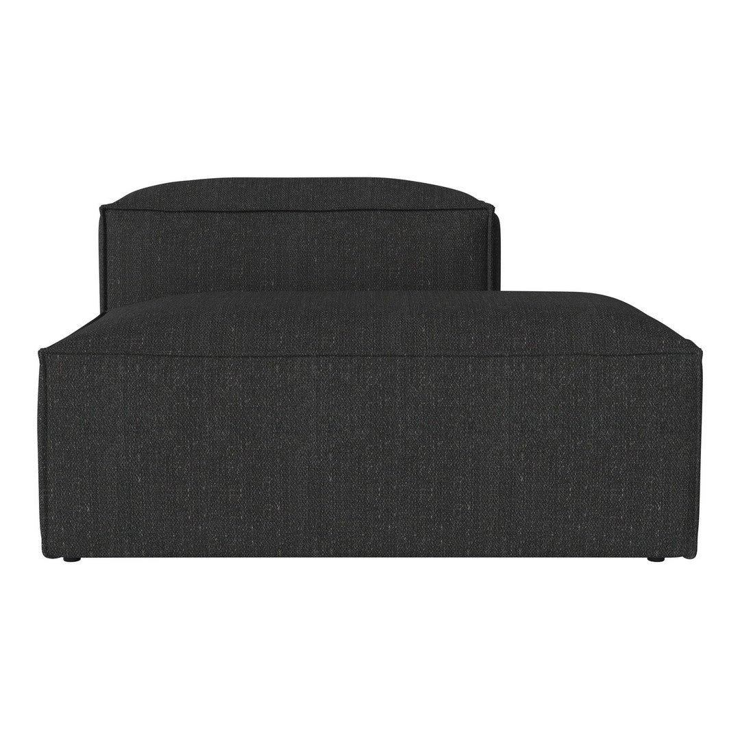 Black upholstered ottoman with a textured fabric, offering a sleek and modern design. Ideal for any living space.