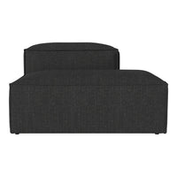 Black upholstered ottoman with a textured fabric, offering a sleek and modern design. Ideal for any living space.