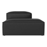 Black upholstered lounge chair with a minimalist design and smooth, solid pattern. Perfect for modern interiors.