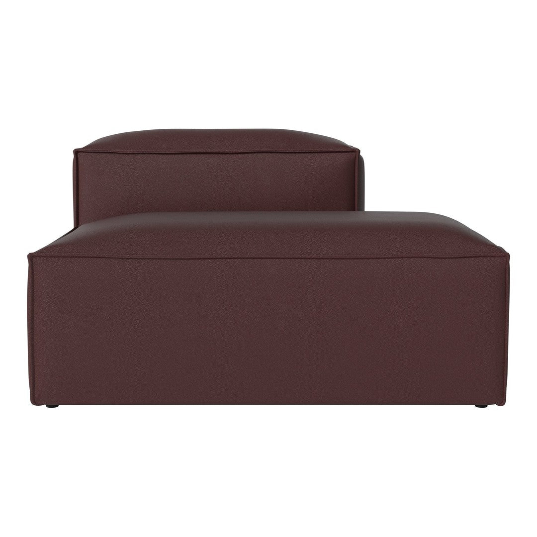 Brown leather ottoman with a smooth, minimalist design and subtle geometric shapes.