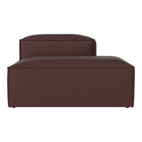 Brown leather ottoman with a smooth, minimalist design and subtle geometric shapes.
