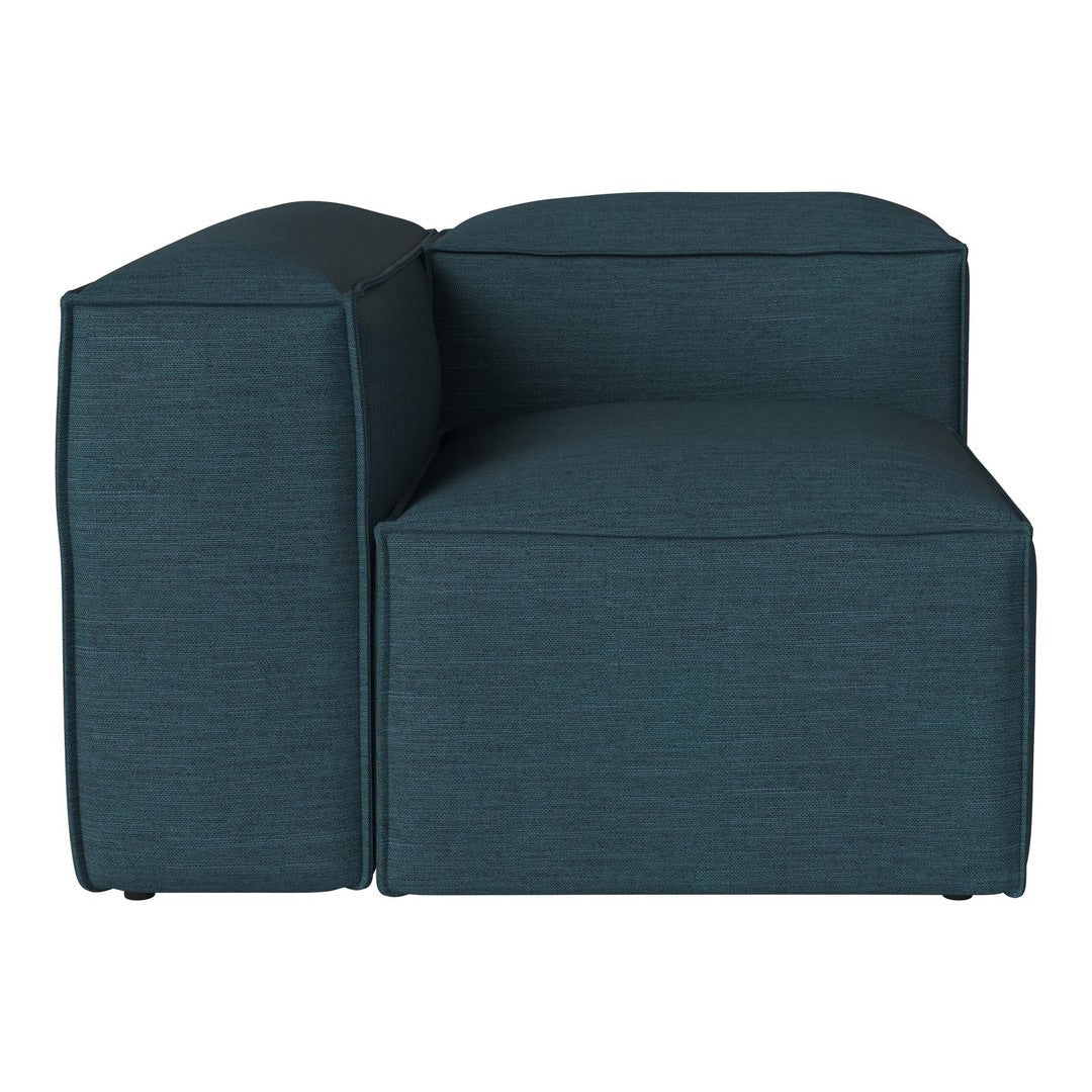 Teal upholstered armchair with a modern, minimalist design and textured fabric pattern.
