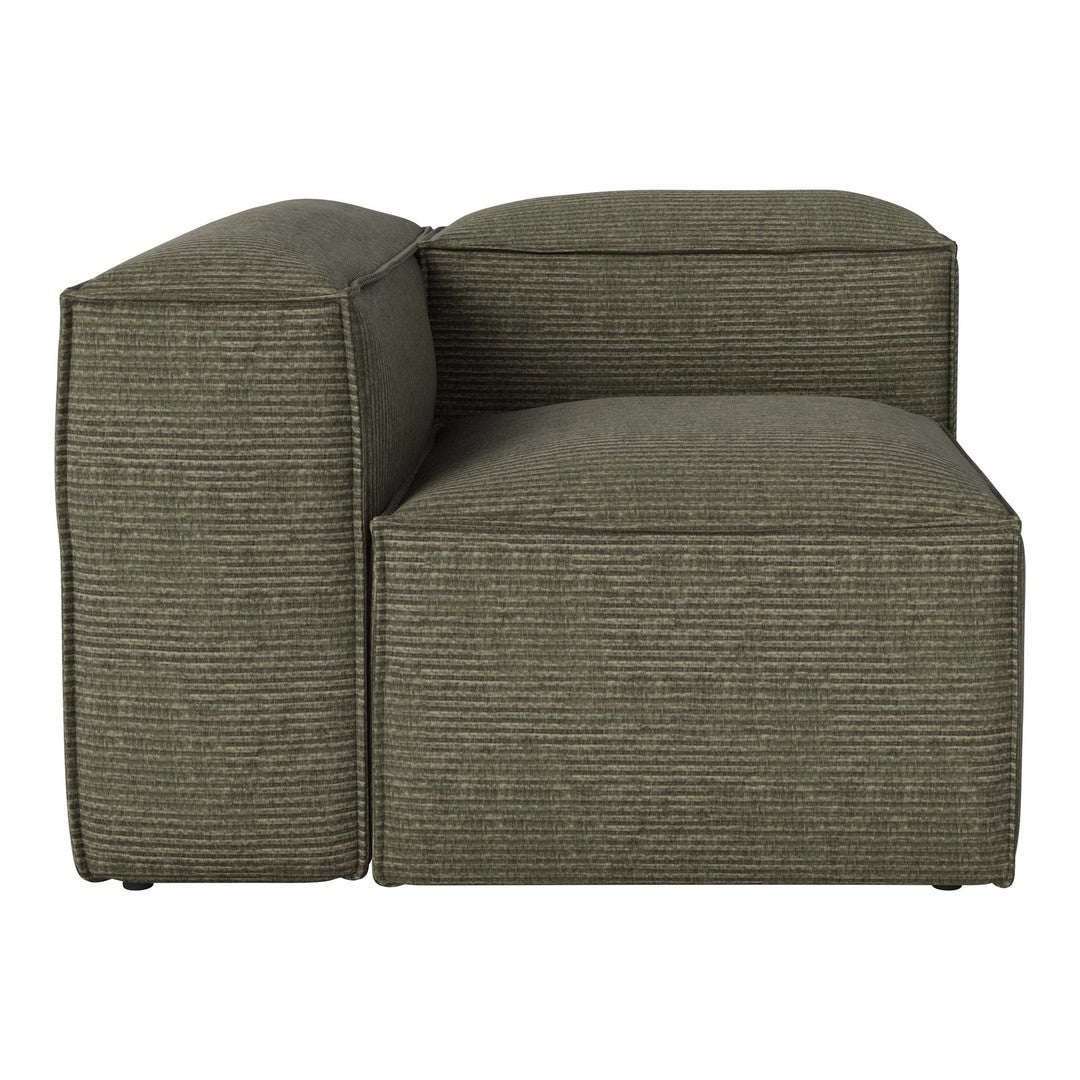 Olive green striped sectional sofa with a modern, minimalist design. Soft texture and sleek lines.