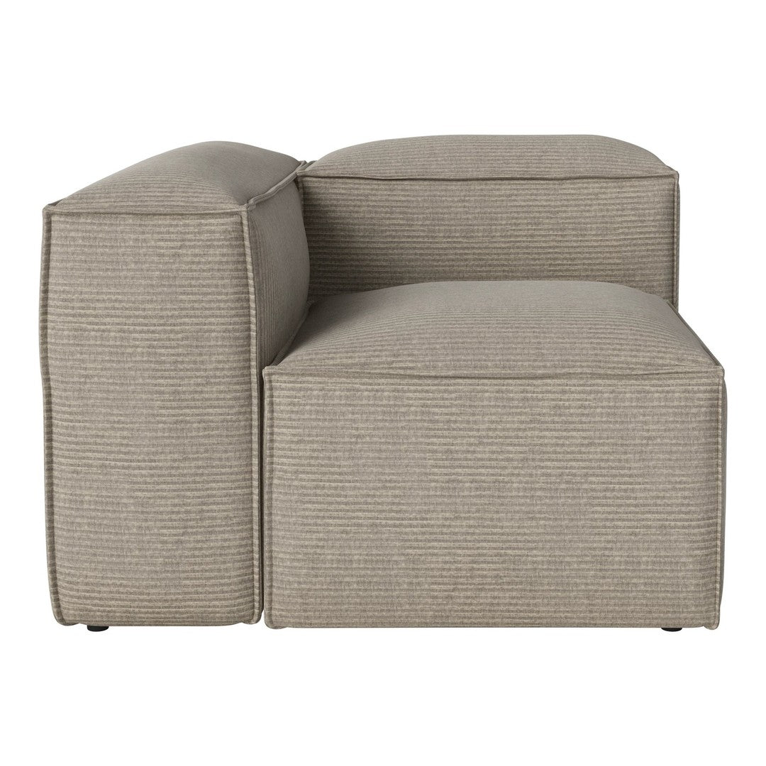 "Textured beige couch with subtle vertical stripes, perfect for modern living spaces."