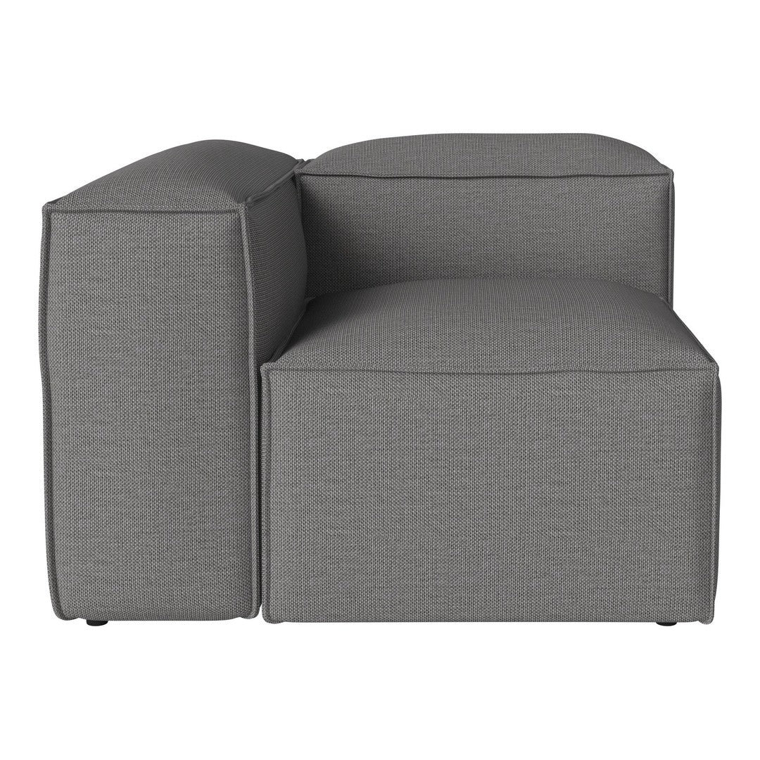 Gray upholstered corner sofa with a textured pattern and clean, modern lines. Ideal for contemporary living spaces.