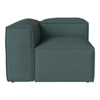Teal upholstered sectional couch with a textured fabric and clean lines, perfect for modern living spaces.