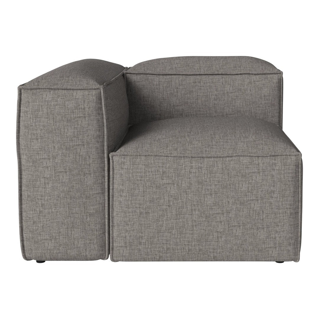 Gray upholstered sectional sofa with a textured, minimalist design, featuring clean lines and a boxy silhouette.