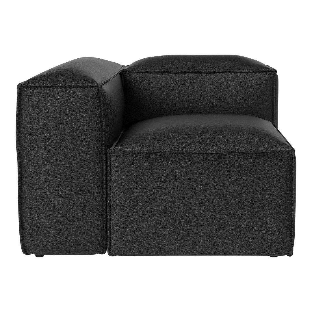 Black modular armchair with a sleek, modern design and boxy structure, perfect for contemporary living spaces.