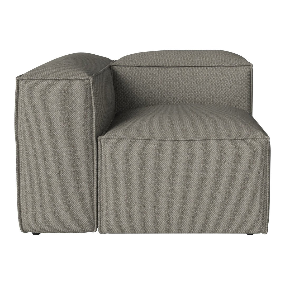 Gray textured upholstered corner chair with minimalist design and clean lines. Perfect for modern decor.
