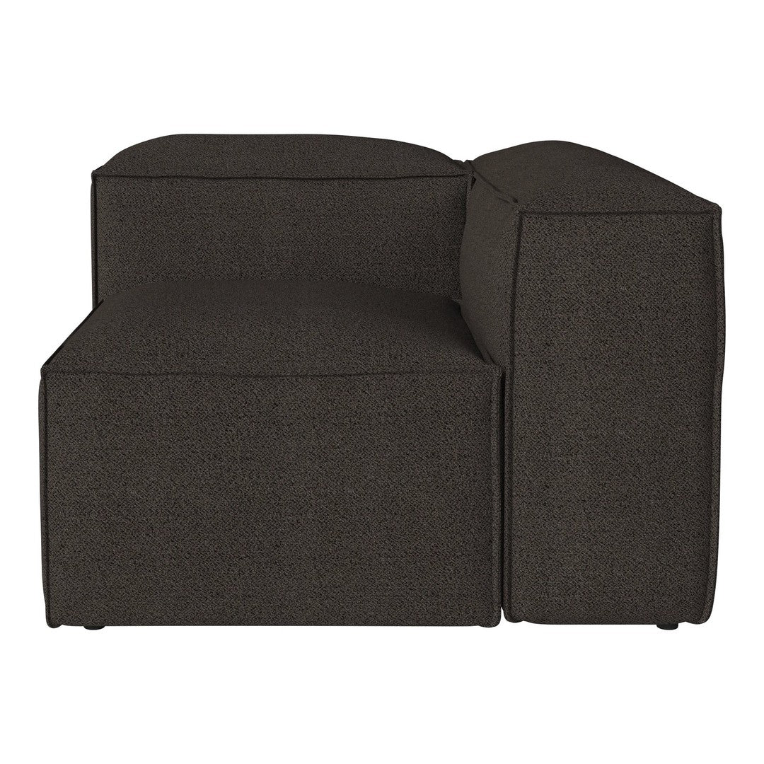 Dark gray sectional sofa with a sleek, minimalistic design and textured fabric pattern. Ideal for modern decor.