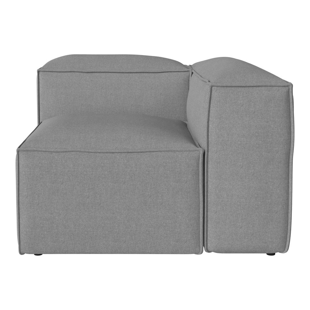 Gray sectional sofa with a minimalist design, featuring clean lines and a sleek, modern fabric texture.