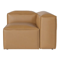 Tan leather corner sofa with smooth, minimalist design; features clean lines and a contemporary aesthetic.