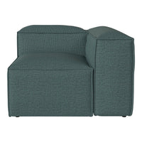 Teal textured upholstered couch with a minimalistic design and clean lines, perfect for modern decor.