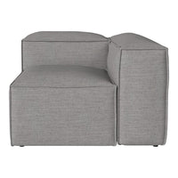 "Grey sectional sofa with a minimalist design and subtle textured fabric."