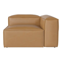 Tan modular sofa with smooth leather finish and minimalist geometric design. Perfect for modern living spaces.