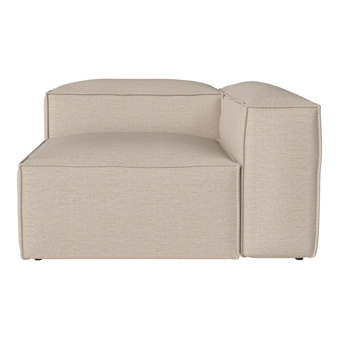 Beige upholstered sectional sofa with a textured pattern, featuring clean lines and a modern design.