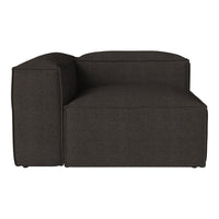 Dark charcoal sofa with a minimalist design and textured fabric, featuring clean lines and a boxy silhouette.