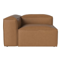 Tan leather sectional sofa with a sleek, minimalist design and smooth, seamless edges. Ideal for modern interiors.