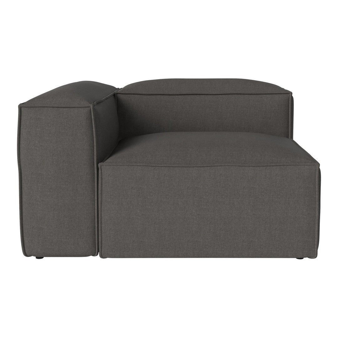 Gray fabric sectional sofa with a modern, minimalist design and clean lines. Soft texture and contemporary style.