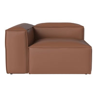 Modern brown leather armchair featuring a minimalist design with smooth, clean lines. Ideal for contemporary spaces.